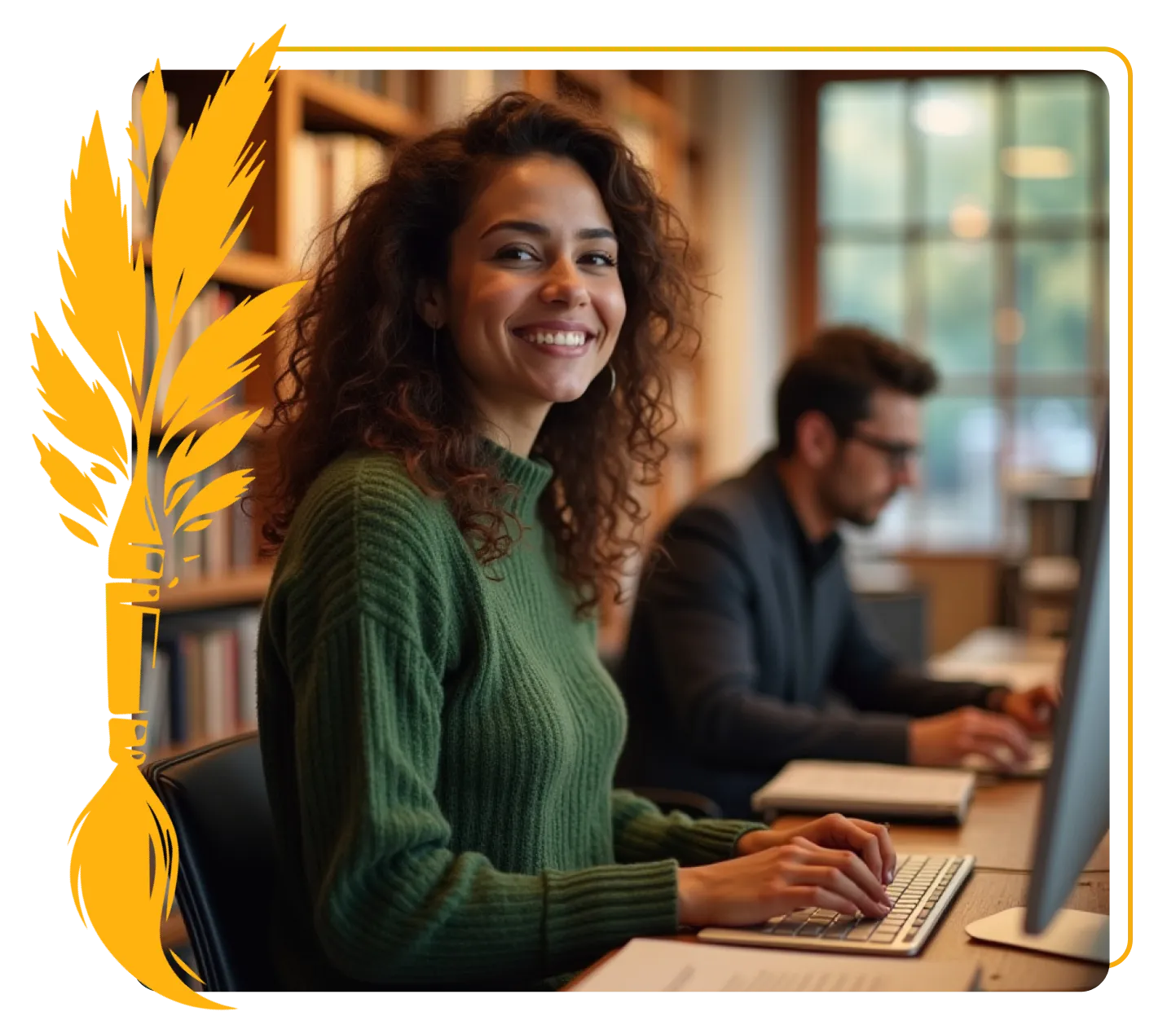 A woman works on her computer, focused, with a bookshelf filled with books in the background.